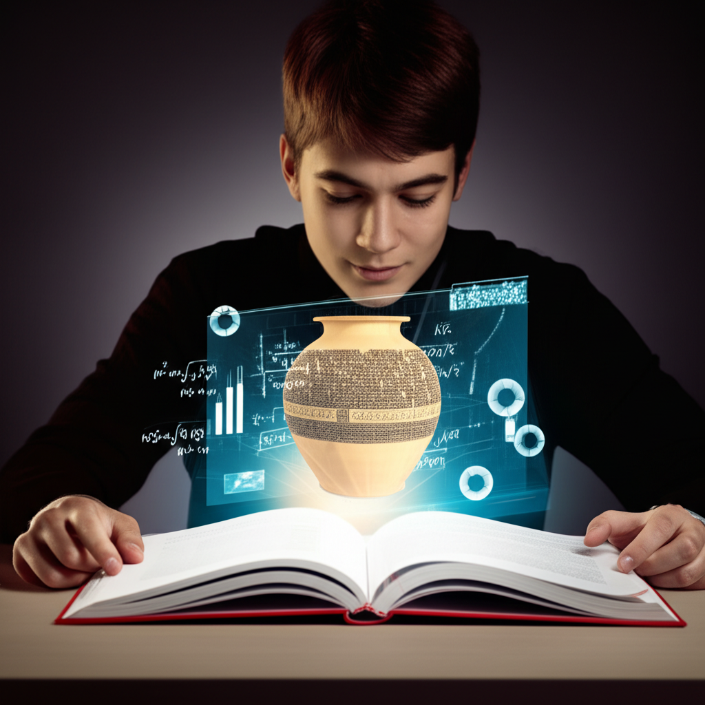 Digital flashcards fanning out from a book, showing educational terms.